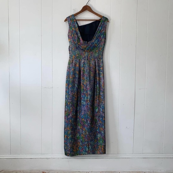 Vintage 1950s Jacquard Metallic Lamé Bombshell Evening Gown Low Back Asymmetric - Picture 4 of 10